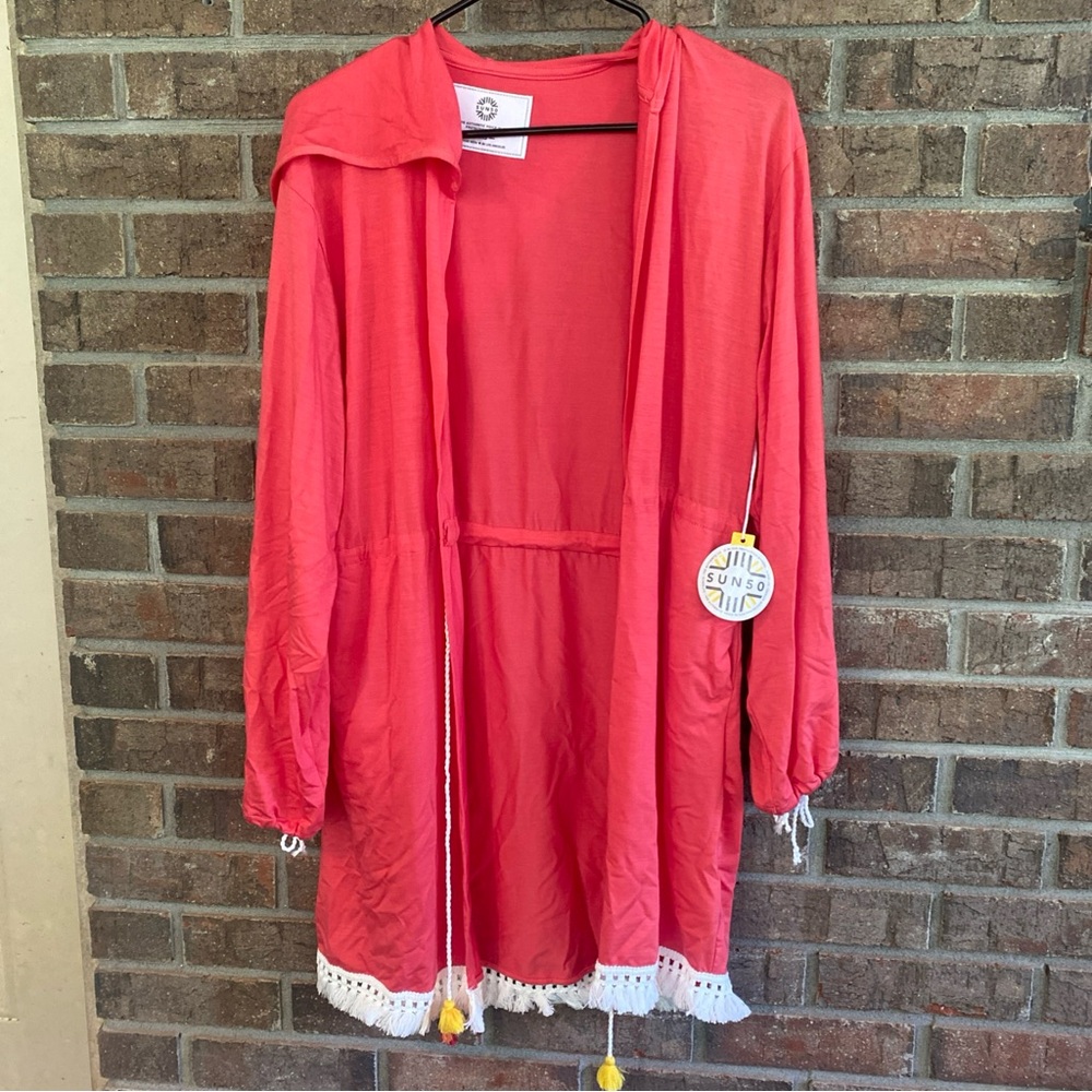 SUN50 Coral Hooded bathing suit Cover-Up with Tassels